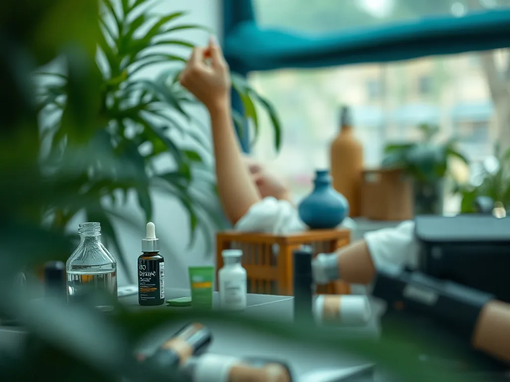 Plusieurs produits de la gamme Bio Beauté by Nuxe disposés sur une surface en bois clair, avec des feuilles vertes en arrière-plan
