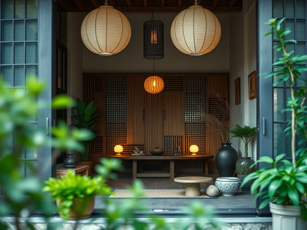 Salon lumineux avec canapé en lin, coussins beiges, carillon en bambou près de la fenêtre et plante verte, ambiance zen et naturelle
