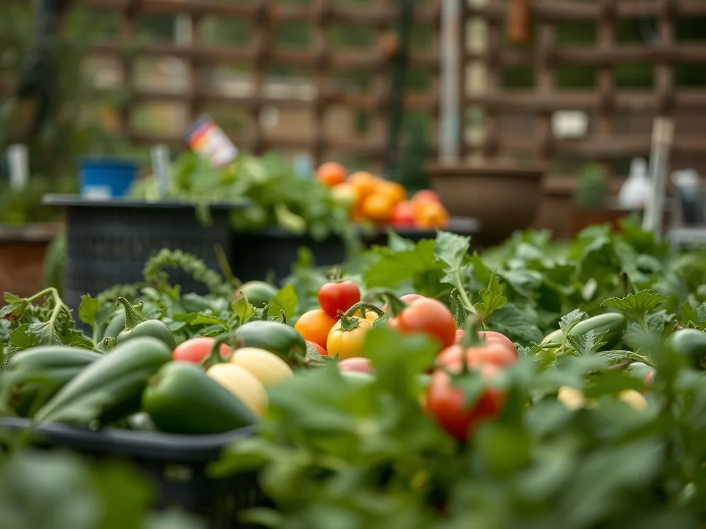 Potager en planches surélevées près d'une cuve de récupération d'eau, ciel clair