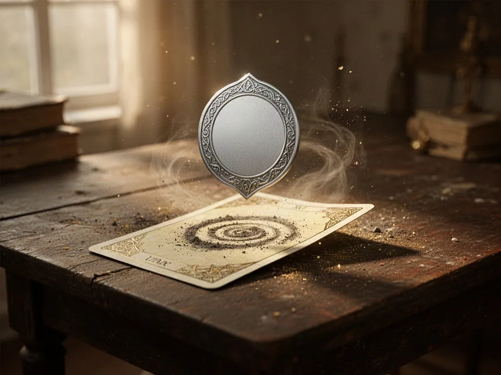 A tarot card with a blank silver emblem floating above a dark wooden table, one corner lifting into golden light, faint