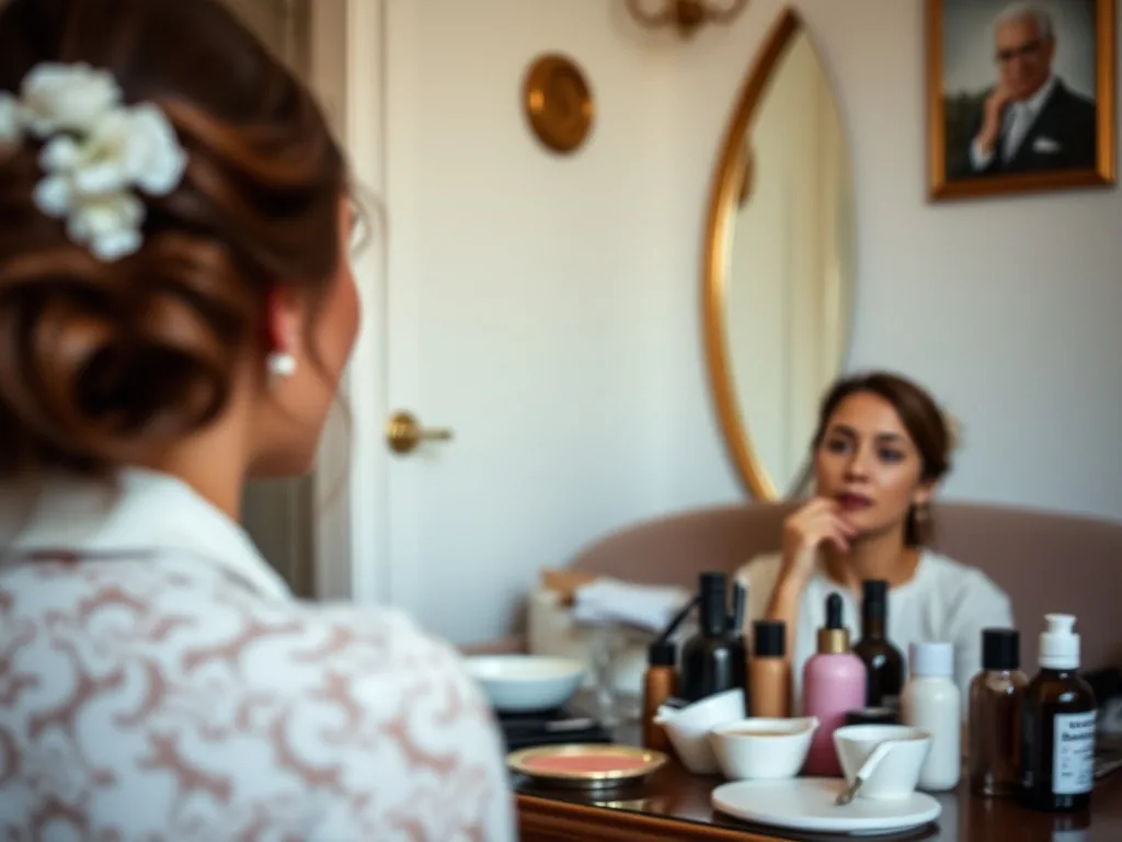 Mariée assise devant un miroir pendant sa préparation, maquilleuse en train d'appliquer du fard à paupières, peignes et pinceaux disposés sur la coiffeuse