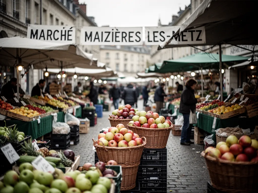 Étals de fruits et légumes frais sur une place de marché animée un dimanche matin à Maizières-lès-Metz