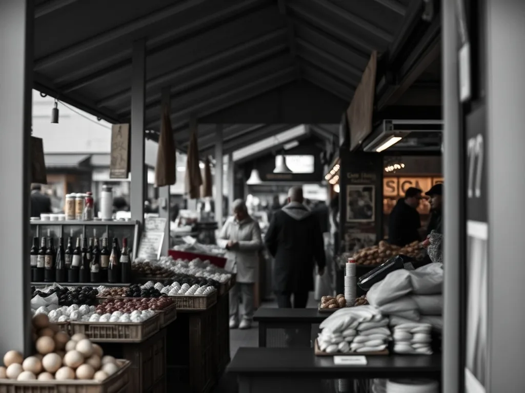 Étalage coloré de fruits et légumes frais sur le marché de Montigny-lès-Metz avec la place Jeanne-d'Arc en arrière-plan
