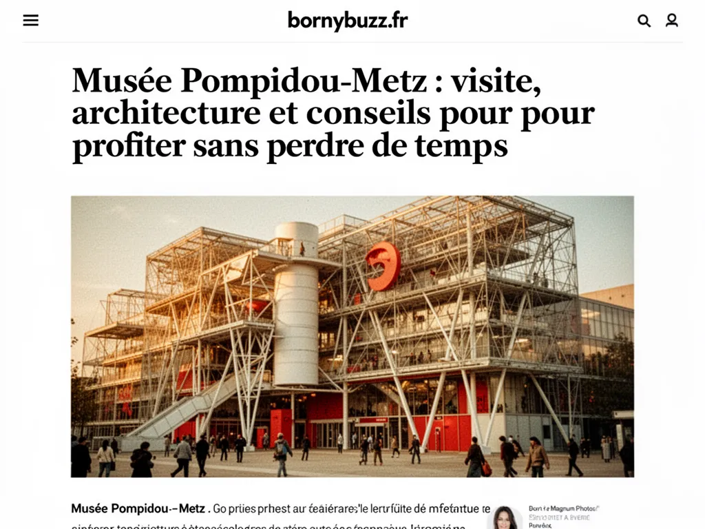 Façade et toiture en bois du Centre Pompidou‑Metz, visiteurs sur la place, ciel nuageux
